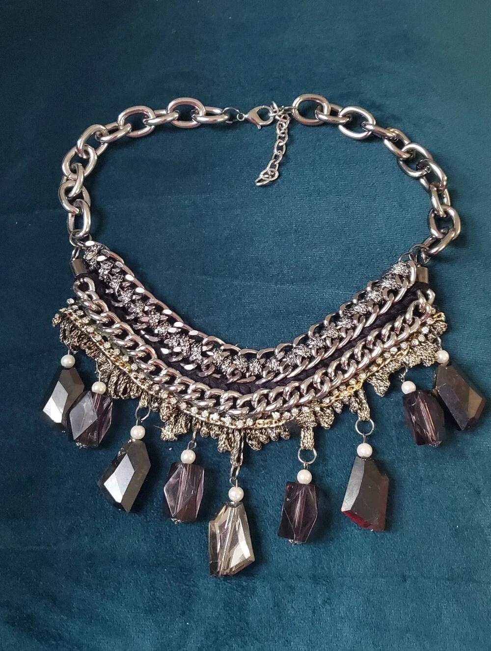 Vintage Statement Multi-Chain Necklace with Smoky Crystal Drops
